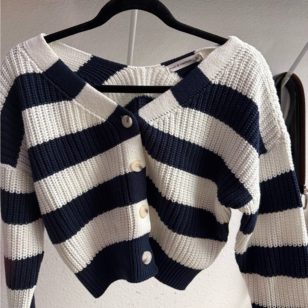 moon & madison Navy and White Striped Cardigan